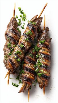 Traditional Moroccan Boulfaf Grilled Lamb Liver Skewers with Cumin Salt Isolated on White Background