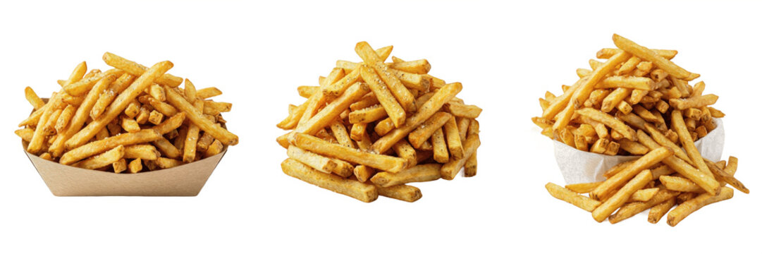 Large Portion of Golden French Fries Isolated on White Background, Realistic 3D Illustration for Fast Food Packaging, Restaurant Menus, Takeaway Advertising, and Salty Snack Graphics.