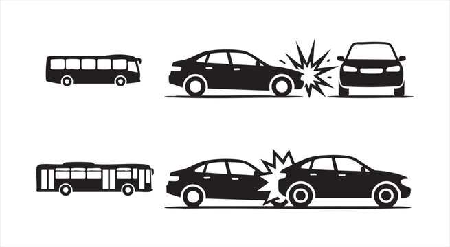 Road accident icons showing car crash and bus collision scenarios isolated on white graphic design.