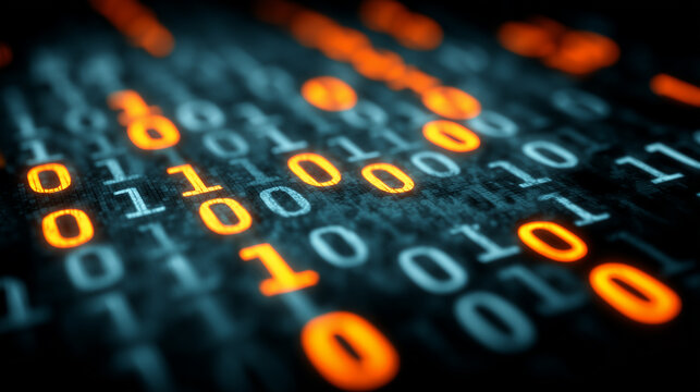 Binary code digits glowing across a digital surface, symbolizing data processing, programming language and cybersecurity systems.
