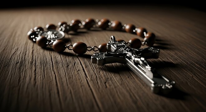 Rosary beads with metal crucifix closeup.