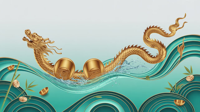 Golden dragon boat with three passengers sailing on a blue water with waves