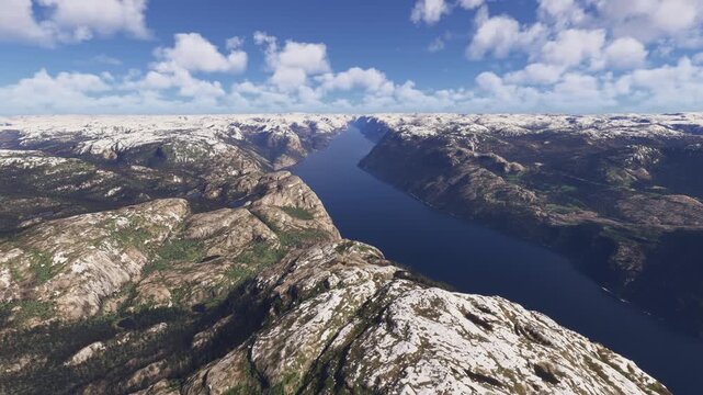 Aerial drone view of the snow in Pulpit Rock or Preikestolen in Strand. Norway
