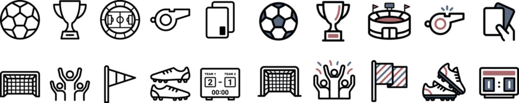 Football and soccer vector icon collection featuring line art and colored flat styles of ball, trophy, stadium, and goal.