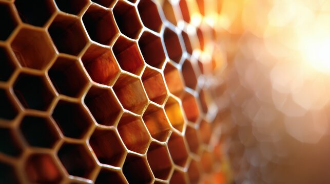 The detailed structure of a honeycomb, focusing on the hexagonal cells and warm colors of beeswax with light enhancing the texture.