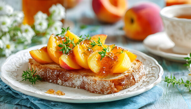 Toasted bread slice with fresh peach slices and sweet jam on a plate. Perfect for a light morning meal or snack. Enjoy this simple yet delicious fruity treat