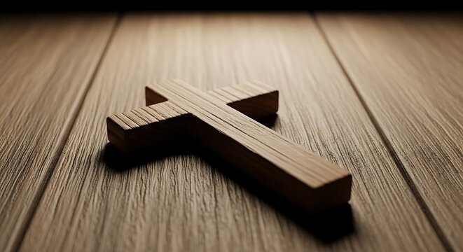 Wooden cross on brown surface.