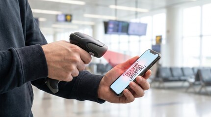 Fototapeta premium Passenger scanning a digital boarding pass on a smartphone using a handheld barcode scanner at an airport