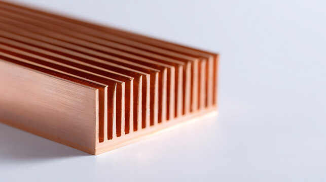 Close-up of a copper heat sink with parallel fins, designed for efficient thermal management and electronic cooling solutions on a clean background