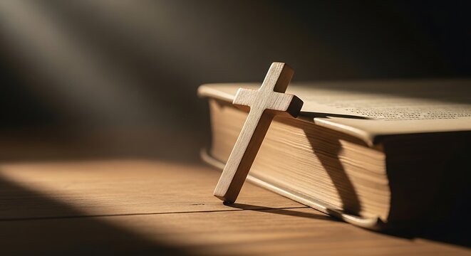 Cross leaning on holy bible book.