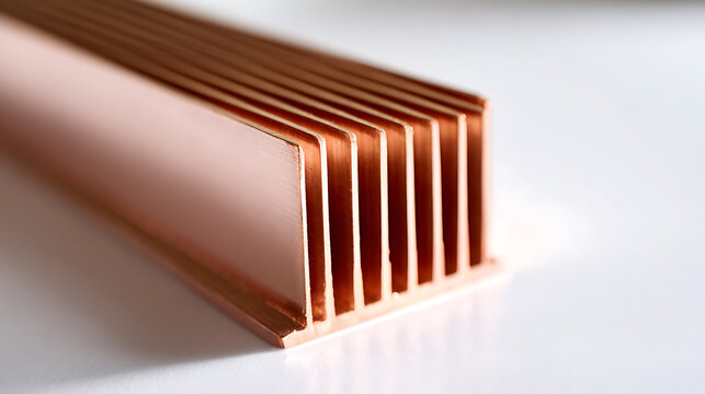 Close-up of a copper heatsink with parallel fins, designed for efficient thermal management and heat dissipation in electronic components and industrial applications