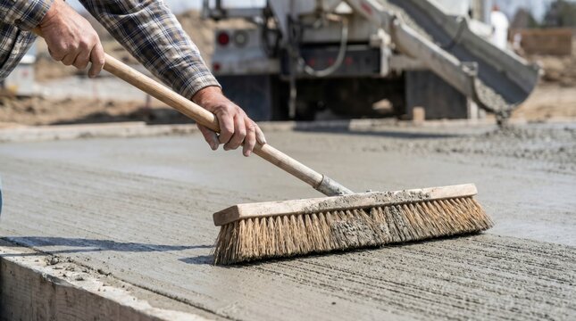 Construction worker using a stiff brush to create texture on the surface of freshly poured wet concrete