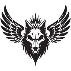 Obraz premium Black and white illustration of a wolf skull with wings isolated on white background