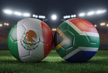 Two soccer balls in flags colors on a stadium blurred background. Mexico and South Africa. 3D image. © Sasha Strekoza