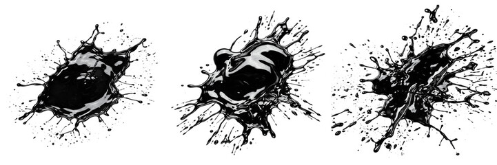 Abstract Splash of Black Ink or Paint Isolated on White Background, 3D Illustration for Creative Art Projects, Modern Graphic Design Elements, and Artistic Branding Identity Concepts.