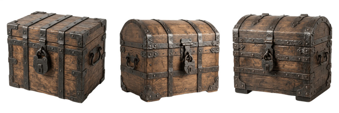 Ancient Wooden Treasure Chest with Iron Lock Isolated on White Background, 3D Illustration for Adventure Games, Fantasy Roleplay Prop Assets, and Hidden Wealth Graphic Design Concepts.