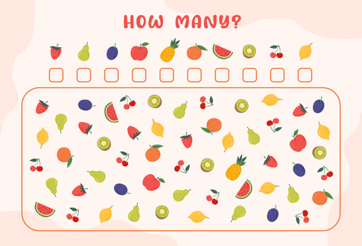 Math counting game how many fruits. Apple, pineapple, strawberry, plum, kiwi, lemon, cherry, pear, watermelon, orange. Educational mathematical counting game, puzzle for children. Calculation

