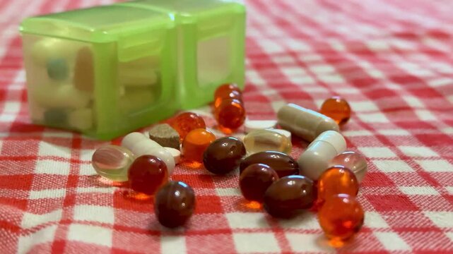 Omega capsules scattered on checkered tablecloth, green pillbox open beside assortment of soft gels, white tablets and brown