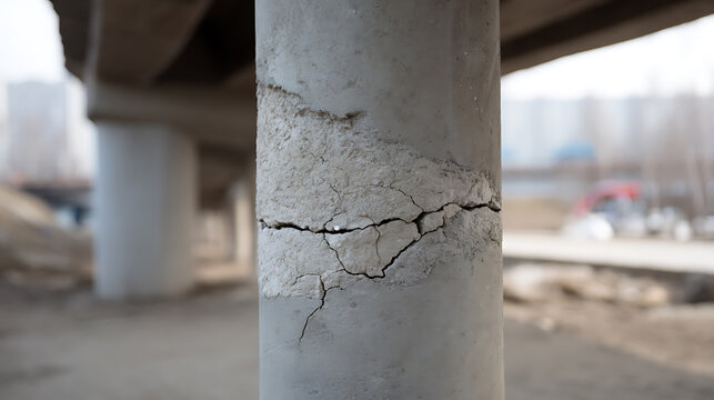 Close-up of a severely cracked concrete support pillar under an overpass, showing clear signs of structural damage and deterioration