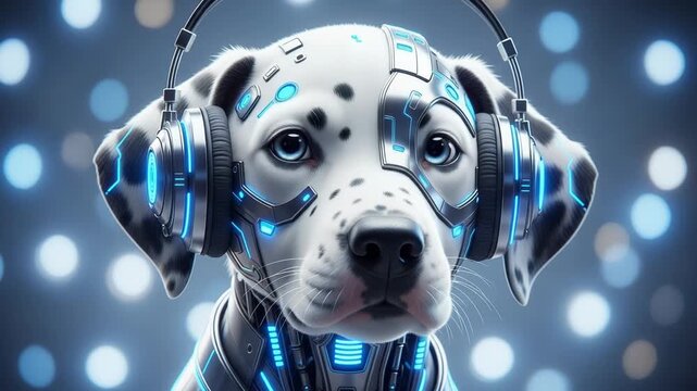 Futuristic cyborg dalmatian dog with headphones
