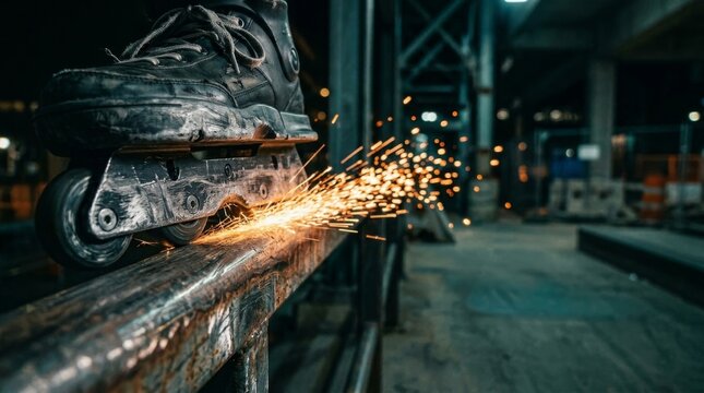 Extreme close-up of inline skate frame grinding on a metal rail with sparks