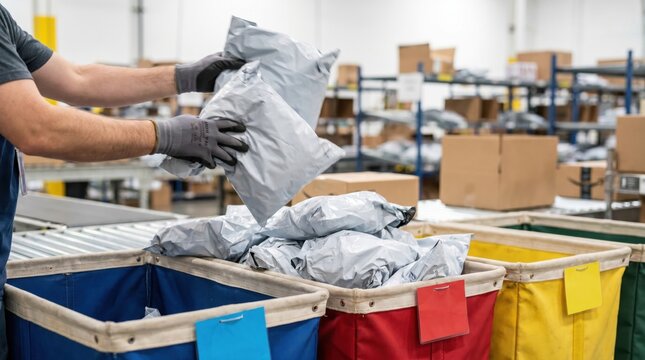 Logistics worker sorting small grey shipping packages into colorful canvas bins in a distribution center