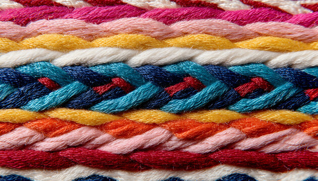 Closeup of multicolor woven fabric with braided threads in pink, blue, orange, yellow, and red hues. Intricate pattern displays native ethnic design. Crafts, textures, and materials.