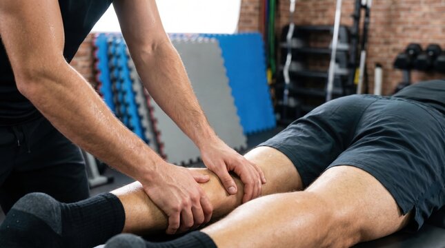 Professional physiotherapist massaging the calf muscles of a male athlete resting on a treatment table