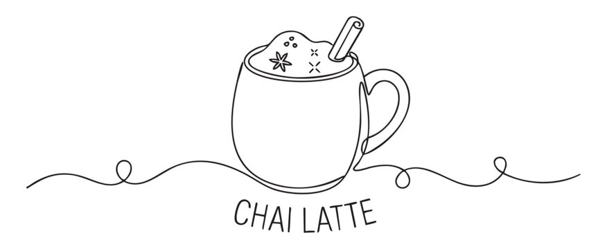Continuous one line art illustration of a chai latte in a mug with foam and spices, minimalist black vector icon on transparent background for cafe menu beverage concept