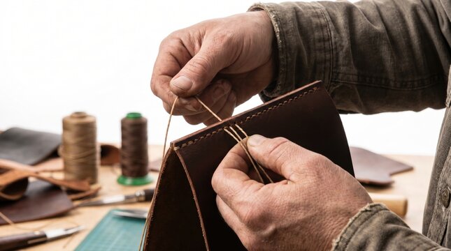 Artisan hand sewing a thick brown leather bag using a traditional saddle stitch technique in a workshop