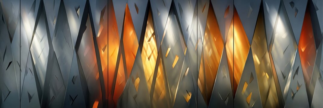 Close view highlights a building facade with parametric diamond perforated panels. Light casts shadows creating patterns on the surface.