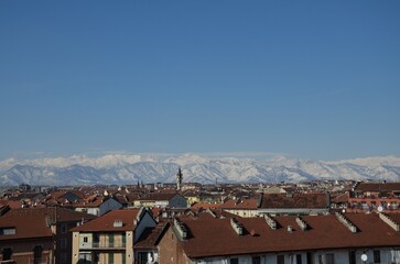 Obraz premium Turin Italy Skyline with Snow Covered Alps Mountains