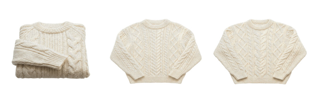 Simple White Knitted Sweater Isolated on White Background - Cozy Winter Fashion Apparel, Warm Clothing, Woolen Textile, Seasonal Style, and Retail Product Photography Graphic Design Assets
