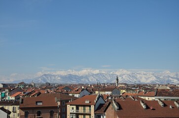 Obraz premium Turin Italy Skyline with Snow Covered Alps Mountains