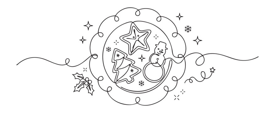 Minimalist continuous line drawing of christmas cookies on a plate featuring a snowman star and tree for festive holiday celebration concept on vector transparent background