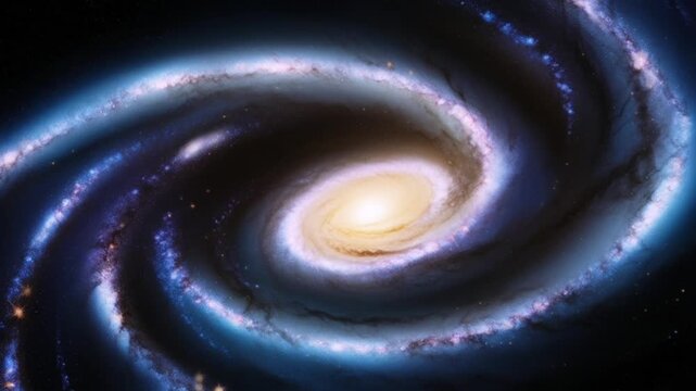 A stunning view of a highly detailed spiral galaxy. The spiral galaxy is seen horizontally, with swirling arms of stars that curve elegantly outward from its bright center.