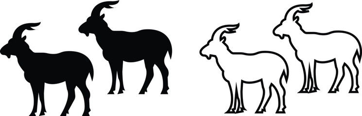Fototapeta premium Black Flat Line Goat Animal Icon Set Collection Group of Livestock Caprine Goat Vector Illustration Farm Animal Symbols Pack Modern Minimal Outline Design UI Graphics Assets
