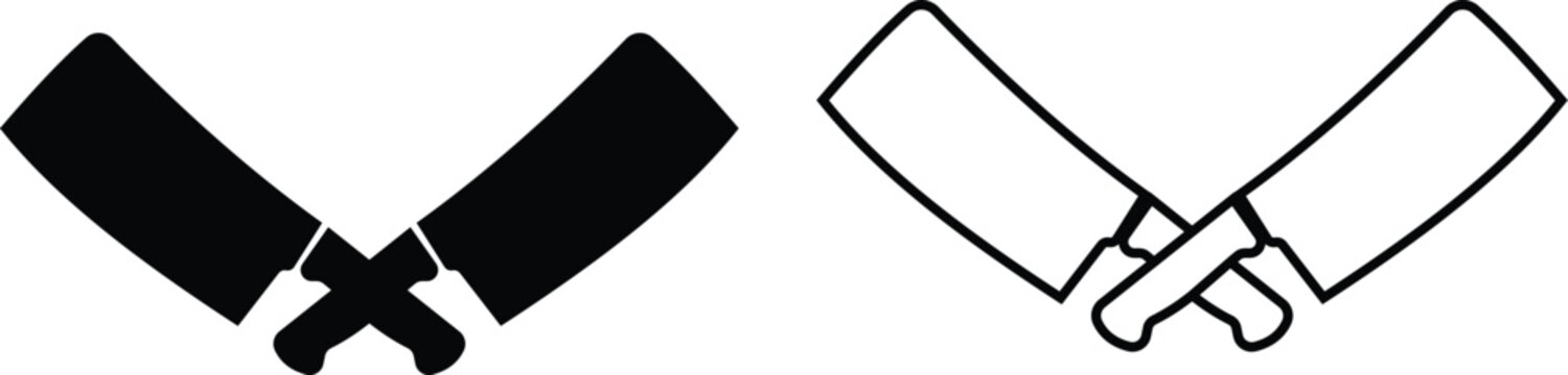 Black Flat Line Crossed Cleavers Icon Set Collection Group of Butcher Knife Chopper Blade Vector Graphics Minimal Outline Illustration Food Cutting Kitchen Tools Symbol Pack UI Design