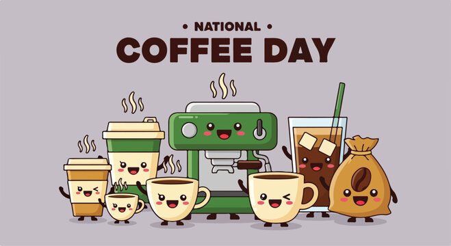 Cute animated coffee cups and a robot celebrating National Coffee Day with steaming hot beverages and cheerful