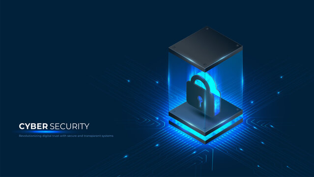 Cyber security concept showing data protection with digital lock in a glowing transparent box over circuit board background. Vector illustration