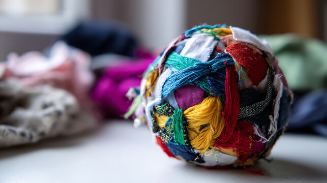 Vibrant textile sphere on a soft focus background, showcasing diverse fabric scraps woven into a colorful, textural object, representing creativity and craft
