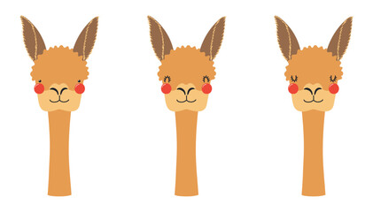 Fototapeta premium Cute little vicuna face illustration isolated set. Kawaii cartoon character. Wild animal, baby animal, wildlife, nature, fauna. Kids print, design element, clip art collection. Hand drawn flat vector