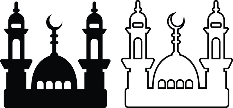 Mosque vector icon set collection group with Islamic masjid dome minaret crescent prayer architecture symbols, black silhouette and outline flat line style illustration pack