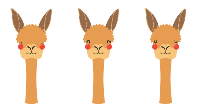 Cute little vicuna face illustration isolated set. Kawaii cartoon character. Wild animal, baby animal, wildlife, nature, fauna. Kids print, design element, clip art collection. Hand drawn flat vector