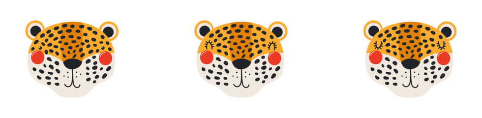 Cute little jaguar face illustration isolated set. Kawaii cartoon character. Wild animal, baby animal, wildlife, nature, fauna. Kids print, design element, clip art collection. Hand drawn flat vector © Maria Skrigan