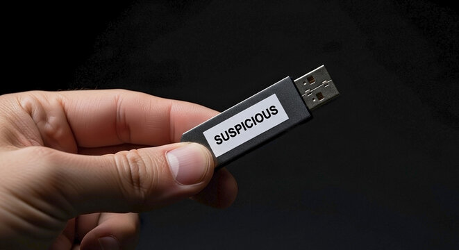 Hand holding a black USB flash drive with a suspicious label. Cybersecurity threat and malware concept on dark background