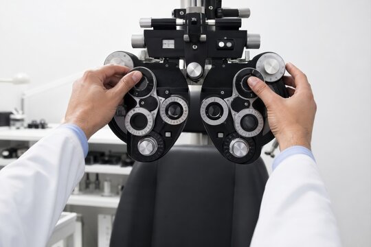 Optometrist adjusting the dials on a phoropter testing machine in a bright vision clinic