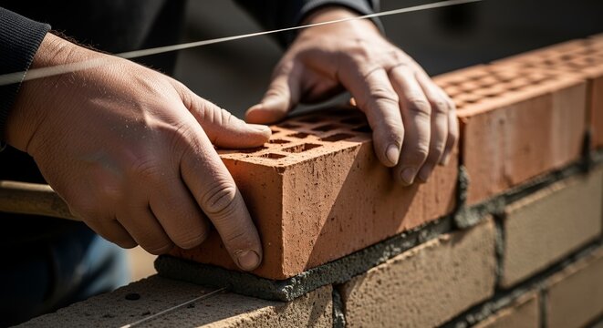 Close up of a bricklayer's hands laying a red brick on a wall. Construction worker building a masonry structure