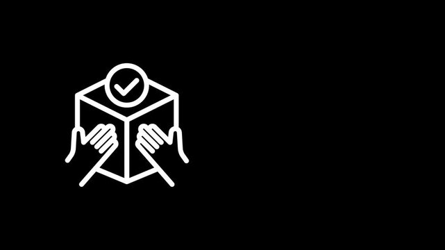 Animated delivery confirmation icon with hands holding a package and a checkmark