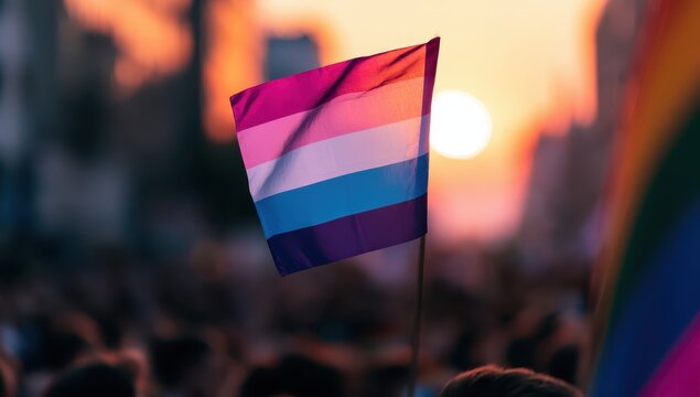 Bisexual pride flag waving in crowd at sunset with natural light